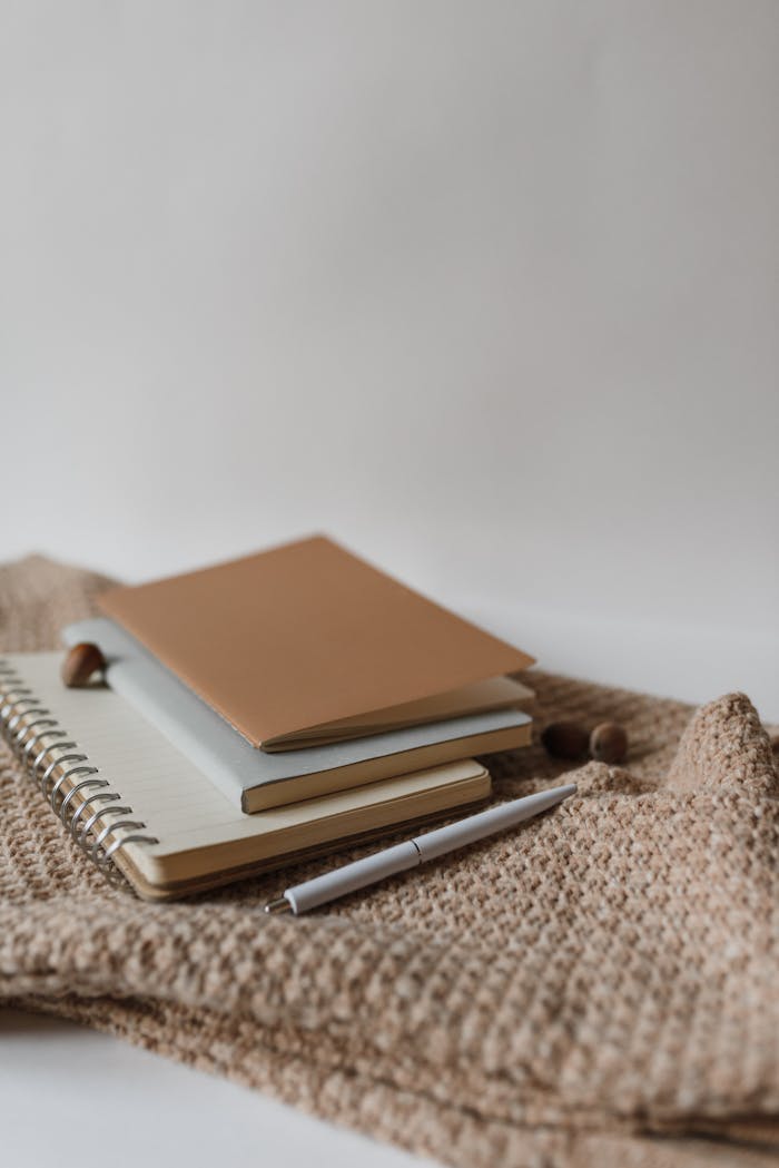 digital Flat lay of notebooks and a pen on a neutral brown knit surface, styled in a minimalist manner.